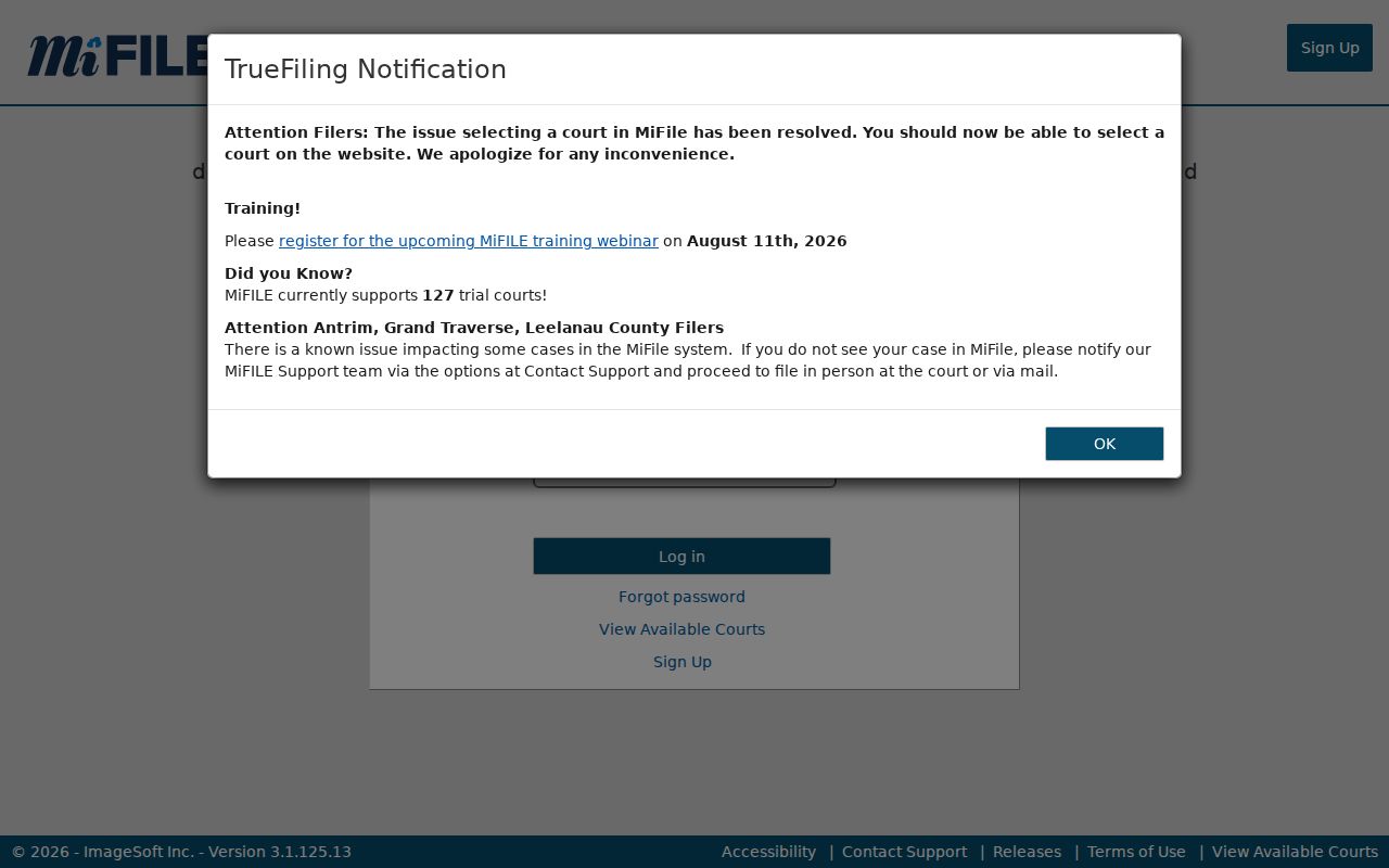 Iron County case lookup MiFILE TrueFiling authorized filer login