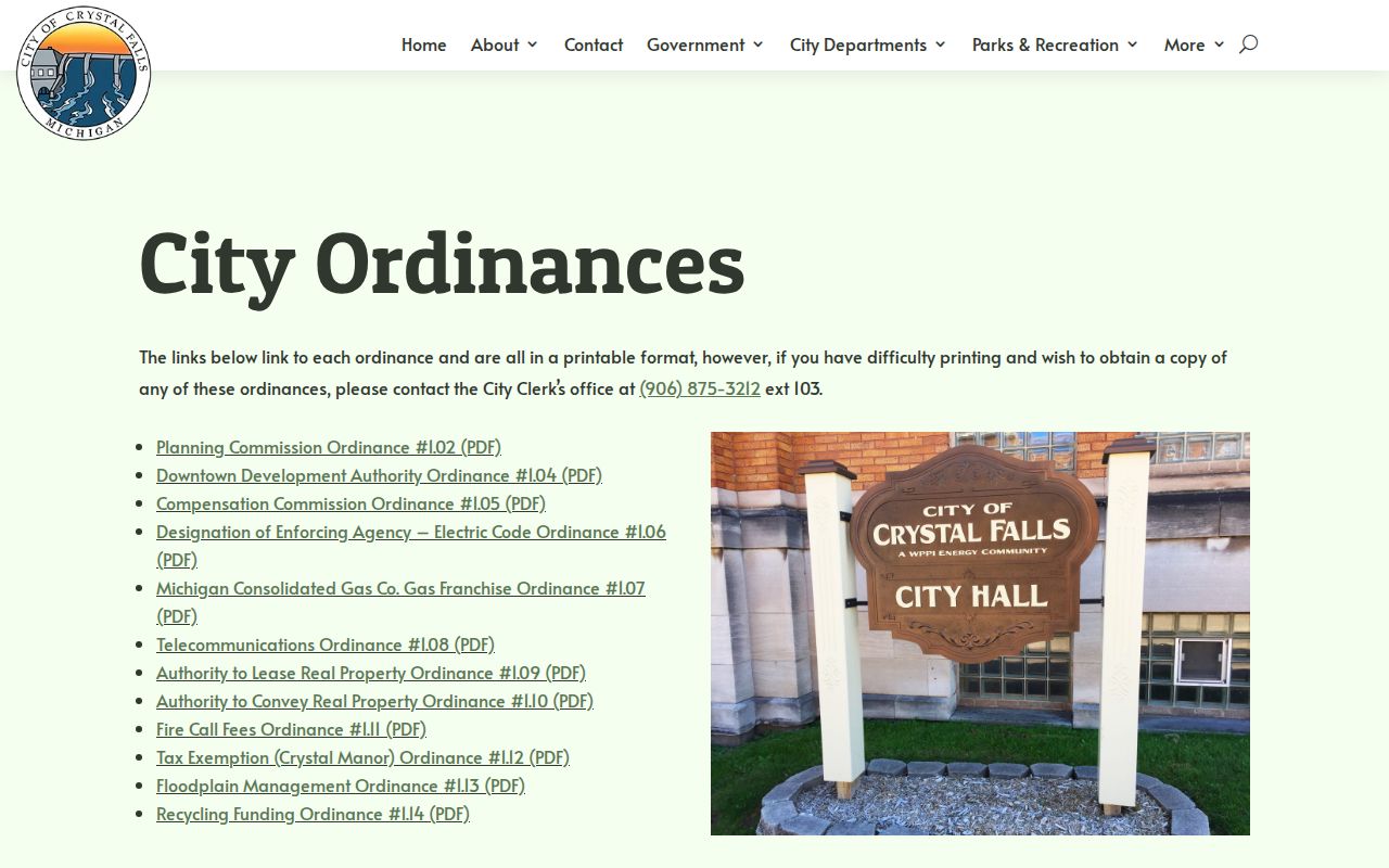 Crystal Falls court docket search local ordinance index